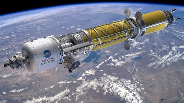Figure 3: Artist’s concept of a Bimodal Nuclear Thermal Rocket in Low Earth Orbit. (Credit: NASA)